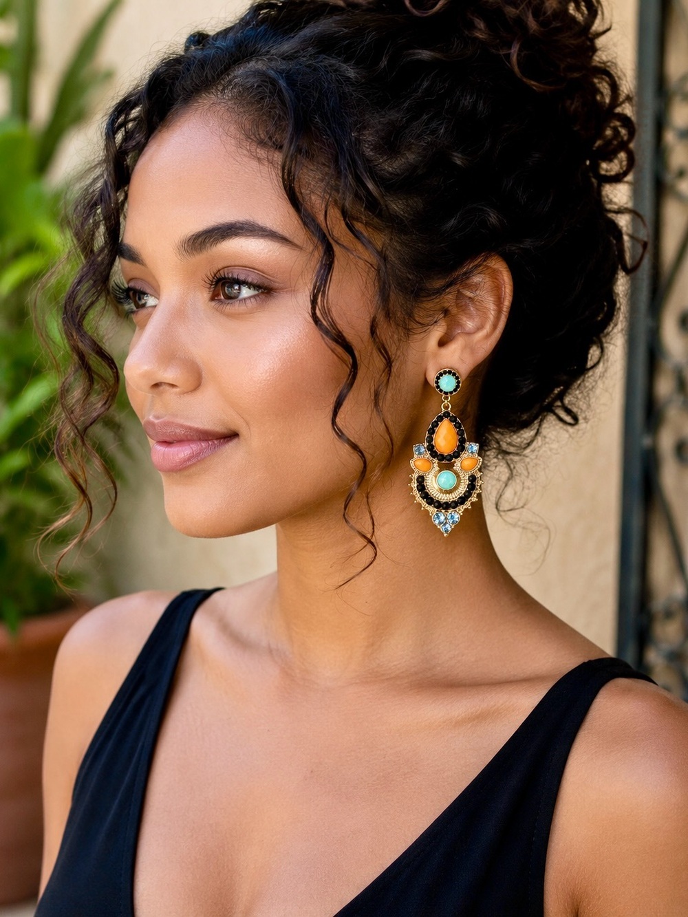 Boho Glam Statement Earrings | Orange, Turquoise & Black Crystal Drop Earrings